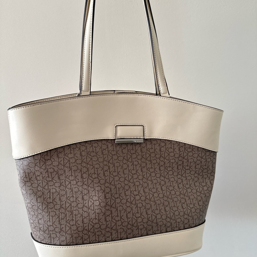 Cream and Brown Monogram Tote Bag